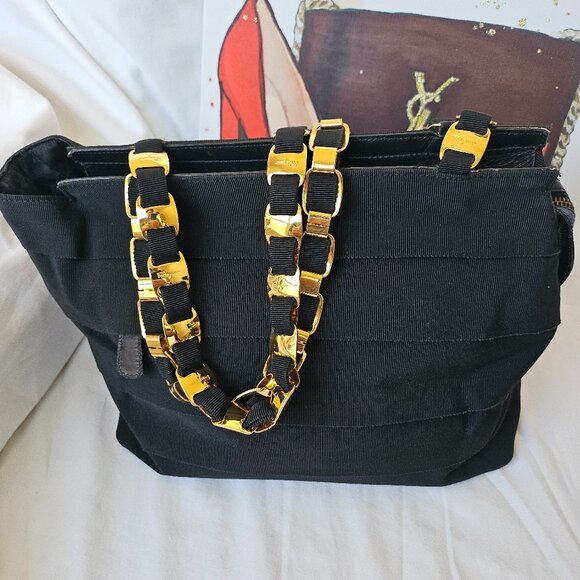 Salvatore Ferragamo Handbags - VGUC Salvatore Ferragamo Grosgrain-Trimmed Gold Chain Link Shoulder Bag